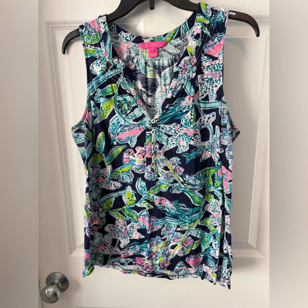 Lilly Pulitzer Essie Tank Top Blue Green Pink Henley Gold Buttons Size Large